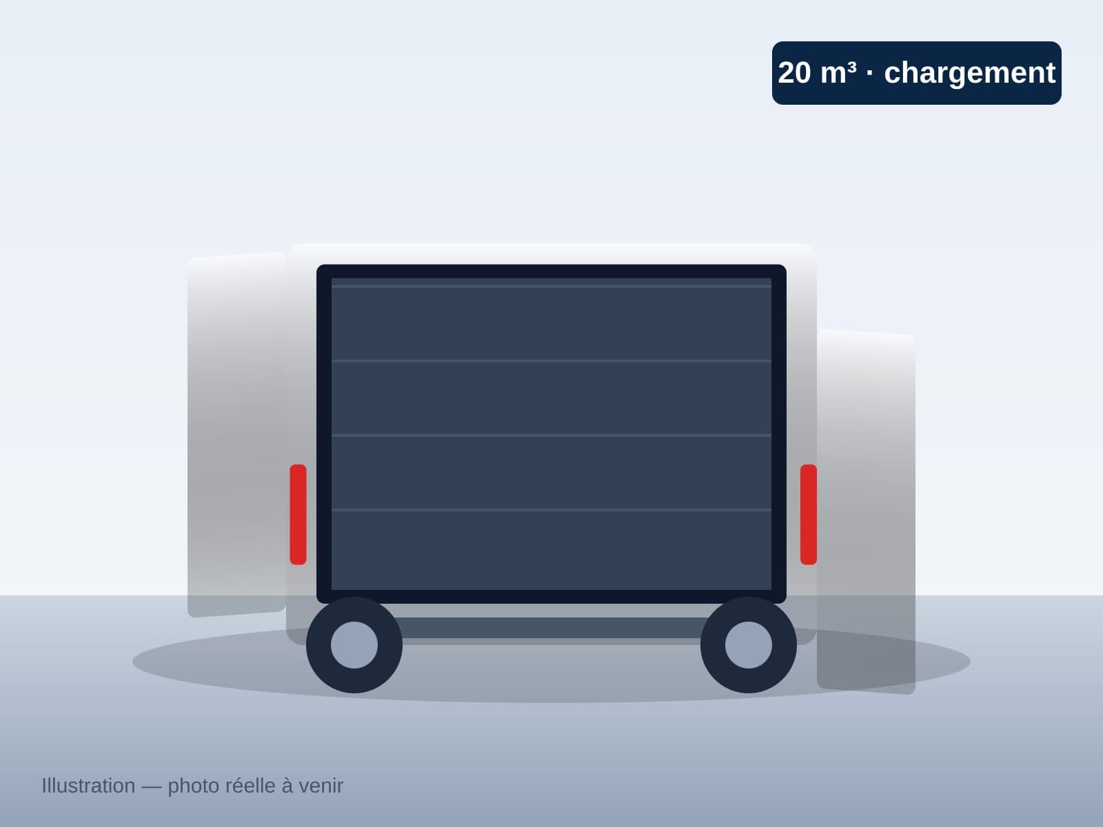 Portes arrière ouvertes de l'Iveco Daily 20 m³ montrant l'espace de chargement